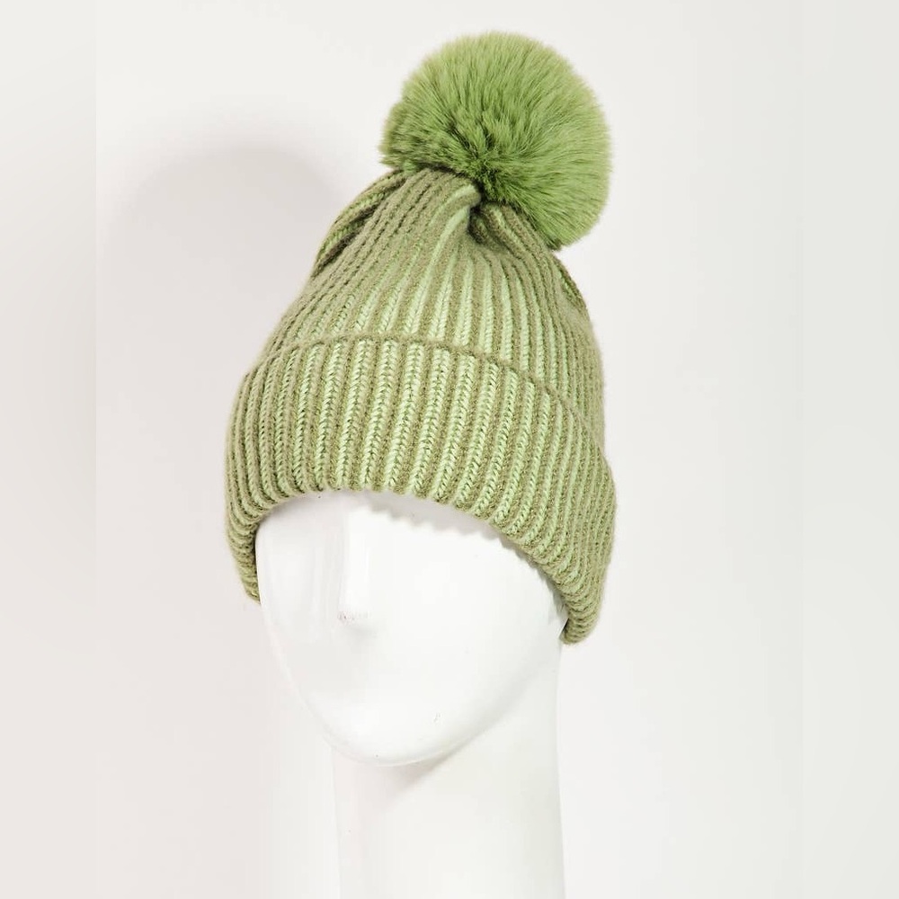 Green Pom-Pom Ribbed Knit Beanie - Women